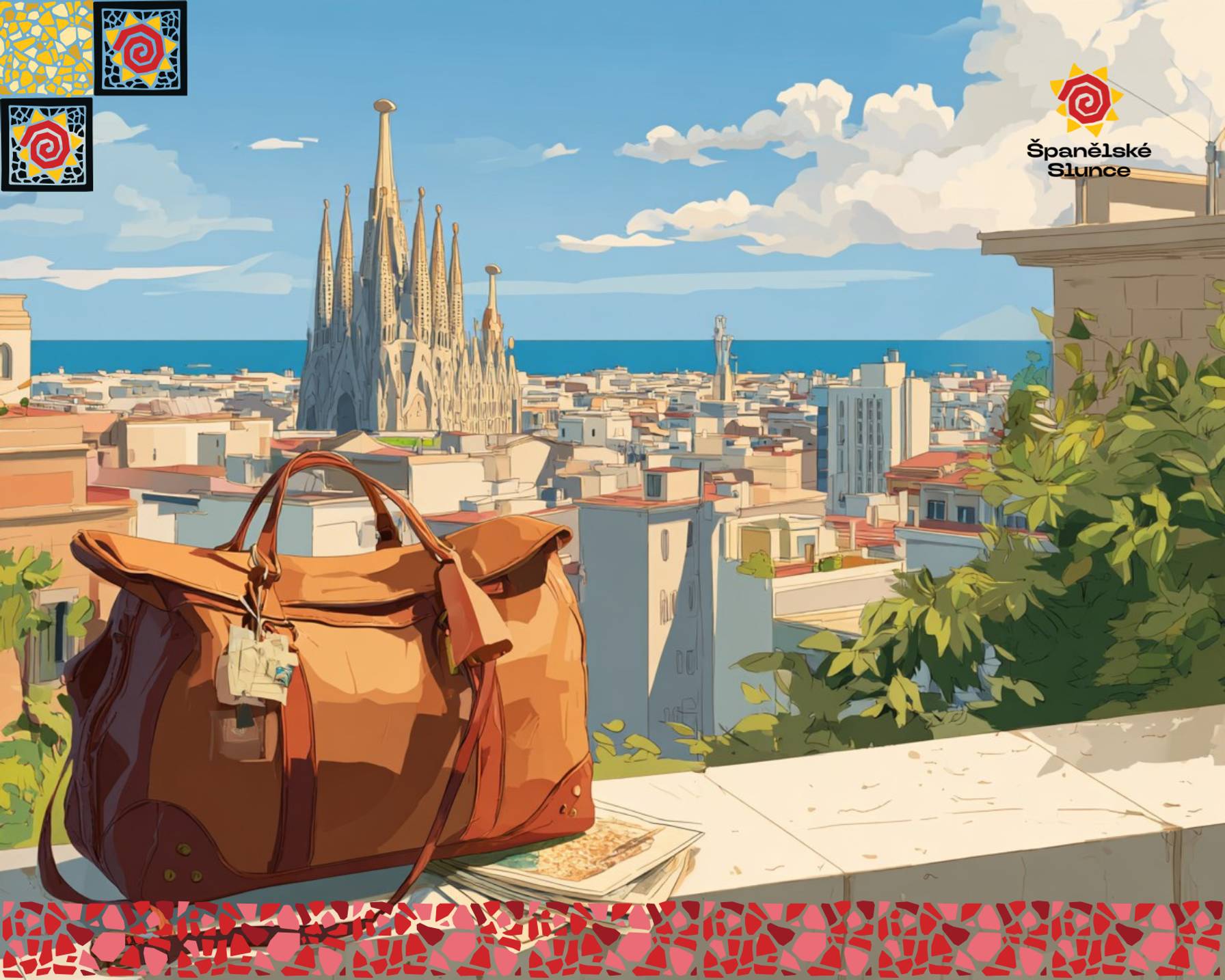 Fotografie Barcelony z Parku Güell, je vidět Sagrada Familia a v dáli moře. Na zídce v popředí je cestovní taška, mapa a další věci, které potřebuji na cestu do Španělska.